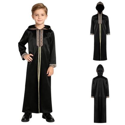 Kids Boys Thobe Muslim Prayer Clothes Saudi Dubai Robe Kaftan Zipper Dishdasha Islamic Eid Ramadan Outfits - color: Black, size: 6