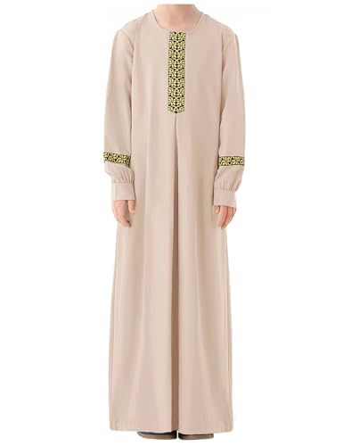 WSPLYSPJY Long Sleeve Abaya for Girls Muslim Islamic Dresses Kids Printed Maxi Prayer Clothes Robe - color: Light Khaki, size: 7-8 Years
