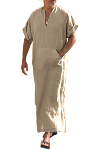 COOFANDY Men's V-Neck Linen Robe Short Sleeve Kaftan Thobe Long Gown Casual Shirt for Beach, Summer - color: Khaki, size: Small