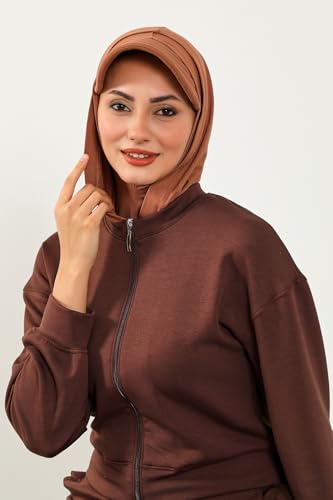 Aisha's Design Full Coverage Cotton Bonnet Hijab with Visor Modest Underscarf Bonnet - color: Caramel Brown
