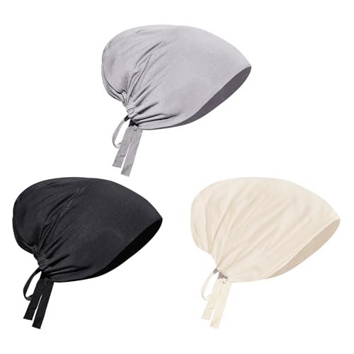 PURFUN 3 Pcs Muslim Inner Hijab Caps Women Solid Color Under Hijab Caps Stretchy Breathable Full Cover Undercap Tube Bonnet - color: Black+beige+grey