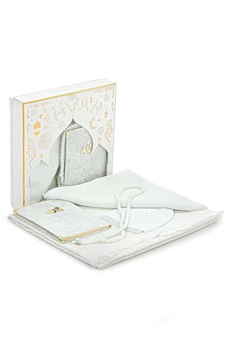 ihvan online Prayer Gift Set for Men & Women, Muslim Prayer Rug, Prayer Mat, Beads Taasbih, Velvet Covered Yaseen, Muslim Kufi Hat, Miswak, Islamic Gift Set for Ramadan & Eid, White - color: White Arabic
