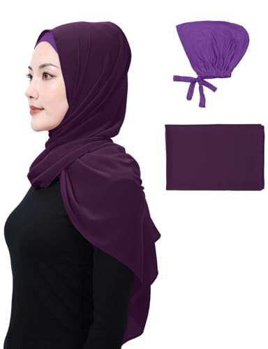 Matched Hijab and Undercap Set, Chiffon Muslim Head Scarf for Women, A Perfectly Decent Combination - color: Deep Purple