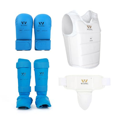 Wesing Karate Protective Gears Set with Chest Guard Gloves Groin Protection and Shin Instep Guard for Men - color: Blue, size: Small