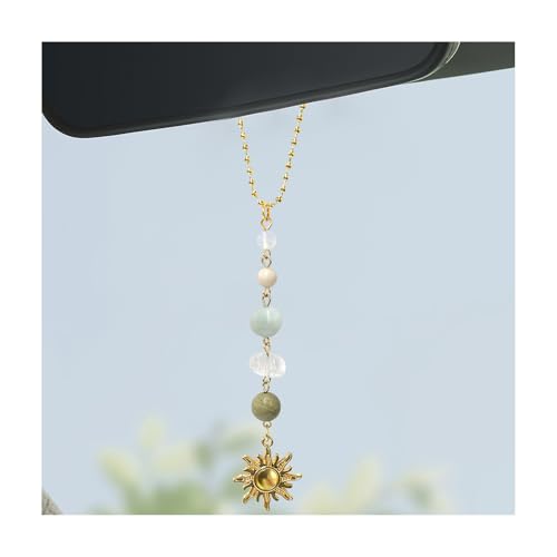 Sun Hanging Car Charm, Rear View Mirror Cute Boho Dangling Sun Car Decor Hanging Ornament, Handmade Healing Natural Crystals Stones Sun Catcher Mirror Pendant for Women Men (Green) - color: Green