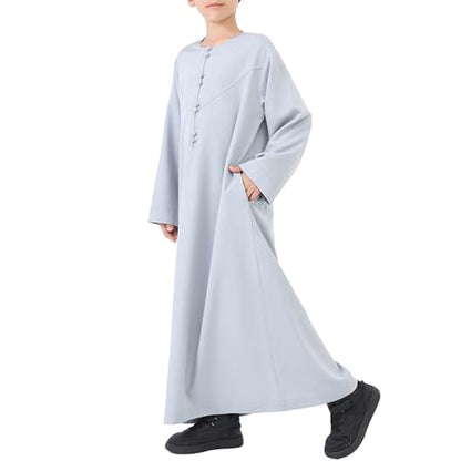 Kids Arabic Thobes for Boys Muslim Thobe Long Sleeve Kaftan Islamic Prayer Dress Kids Dubai Robe Burkas Ramadan Eid Outfit - color: Grey, size: 3-4T