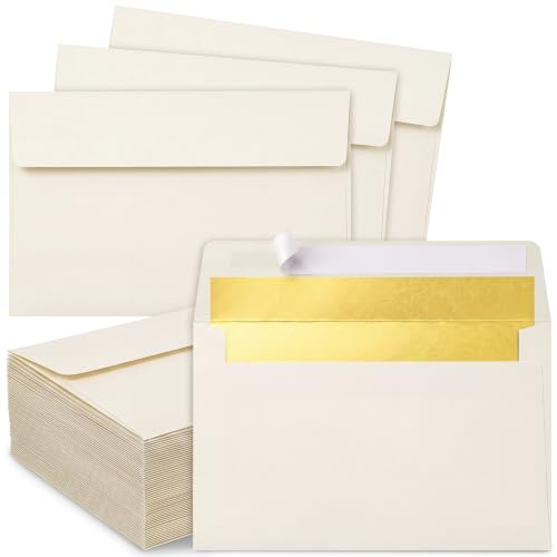 Crtiin Beige 50 Pcs A9 Invitation Envelopes with Gold Foil Lining - color: Beige