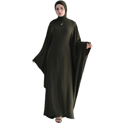 Muslim Abaya Dress Women Middle East Arabian Prayer Robe Batwing Maxi Kaftan Abaya Dress with Hijab - color: Army Green