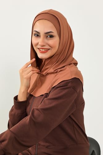 Aisha's Design Full Coverage%95 Cotton Bonnet for Women, Ready-to-Wear Hijab Bonnet Headscarf with Neck Coverage - color: Caramel Brown
