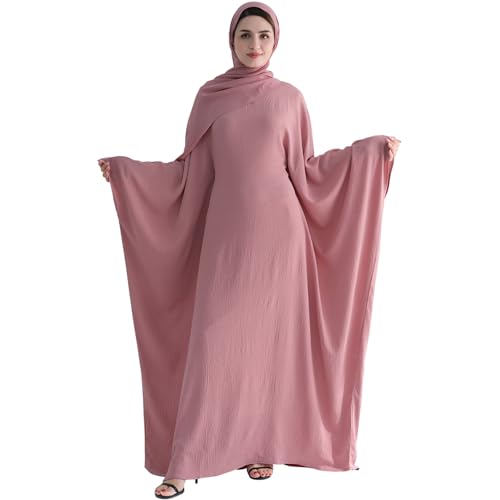 Muslim Abaya Dress Women Middle East Arabian Prayer Robe Batwing Maxi Kaftan Abaya Dress with Hijab - color: Pink