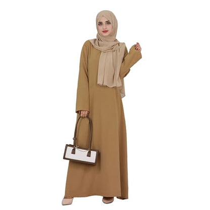 Women Abaya Muslim Dress Long Sleeve Modest Prayer Maxi Kaftan Islamic Clothes with Pockets - color: Khaki, size: Large