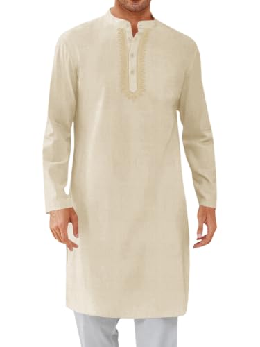 Yousify Mens Kaftan Thobe Casual Henley Shirts - color: Beige, size: Large