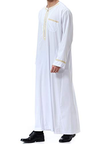 Islamic Mens Clothing Kaftan Maxi-Muslim Male Shirt Long Sleeve Abaya Dubai Cotton… - color: White, size: Small