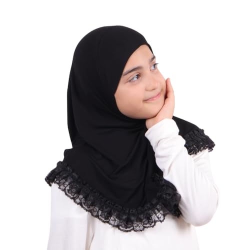 MuLanLegend Cotton Lace Hijab | Princess Nur | Girls Kids Instant Slip-on Scarf Sarong | Ligthweight and Comfortable - color: Black