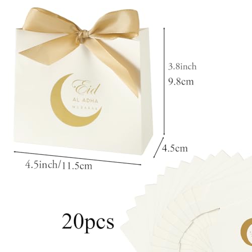 Haozaikeji 20 Pack Eid Party Favor Box, Moon & Castle Pattern, Gold & White, 4.5 x 3.8 Inch, DIY Treat Paper Box with Ribbon Bow, Ideal for Eid Al Fitr Party Supplies - color: gold-moon