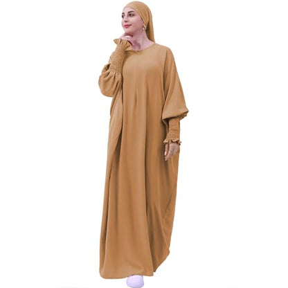 khalat Womens Muslim Prayer Dress Front Zipper Kaftan Islamic Robe Modest Solid Abayas for Women Muslim - color: Khaki