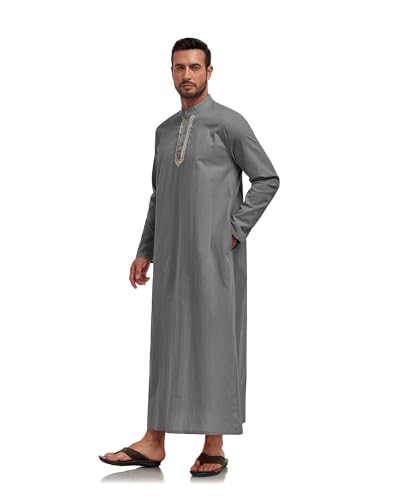Jacansi Men's 65% Cotton 35% Linen Kaftan Robe, Henley Button Down Thobe, Long Sleeve Casual Gown with Pockets - color: Dark Grey, size: 3X-Large