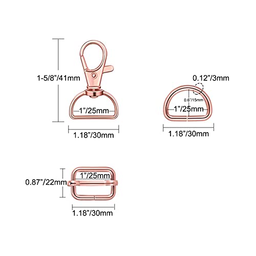WAFJAMF Metal Snap Hook Ring Bulk 30 Pcs, Swivel Clasp Buckle and Non-Welded D Ring 10 Pcs, Adjustable Rectangular Buckle (1' Inside Width Rose Gold) - color: Rosegold, size: 1” Inside Width