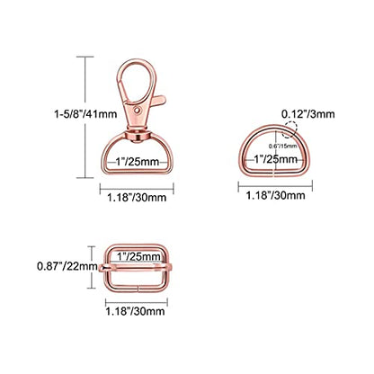 WAFJAMF Metal Snap Hook Ring Bulk 30 Pcs, Swivel Clasp Buckle and Non-Welded D Ring 10 Pcs, Adjustable Rectangular Buckle (1' Inside Width Rose Gold) - color: Rosegold, size: 1” Inside Width