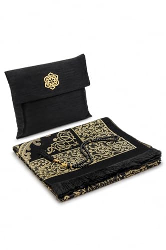 ihvan online Muslim Prayer Rug with 99 Beads Tasbih & Travel Bag, Soft Taffeta Sajadah, Lightweight & Foldable Janamaz, Portable Prayer Mat, Islamic Gift for Eid, Ramadan, Hajj & Umrah, Black - color: Black