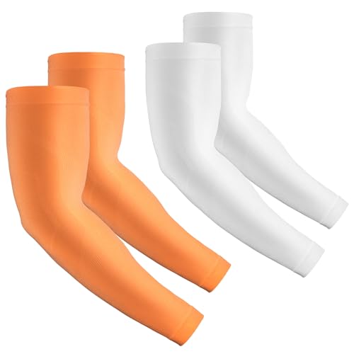 2 Pairs UV Protection Cooling Arm Sleeves Compression Sun Sleeves for Men Women Youth, Tattoo Cover Up, UPF 50 - color: 2 Pairs: 1 Pair White & 1 Pair Orange