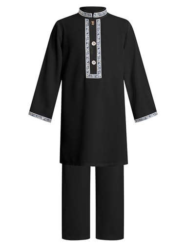 FYMNSI Baby Boys Muslim Outfits Saudi Arabian Thobe Set Long Sleeve Robe Pants with Shemagh for Islamic Eid Abaya 12M-5Y - color: Black, size: 3-4T