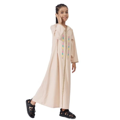 Kids Girls Abaya Muslim Long Sleeve Hooded Lace Embroidered Prayer Dress Arabic Kaftan Dubai Islamic Dresses - color: Beige Hoodies, size: 14-15 Years