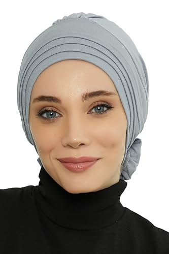 Aisha's Design Instant Turban Head Wraps for Women, Combed Cotton Scarf Lightweight Pre tied Hijab with Back Rose Detail - color: Grey