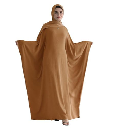 Abaya Muslim Women Dress Batwing Sleeve Loose Maxi Modest Islamic Clothes Prayer Dress with Hijab Scarf - color: Khaki