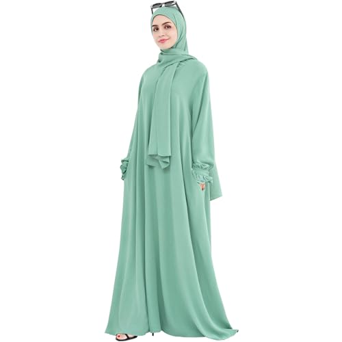 Women Muslim Dress Middle East Arabian Robe Islamic Modest Dress with Hijab Scarf Lace Sleeve Flowy Abaya Dress - color: Light Green