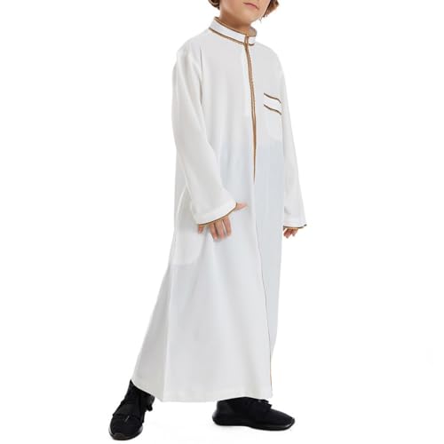 Muslim Abaya Islamic Thobe for Boys Long Sleeve Solid Festive Clothes Teen Kids Cozy Ramadan Prayer Thobe with Pocket - color: White, size: 11-12 Years