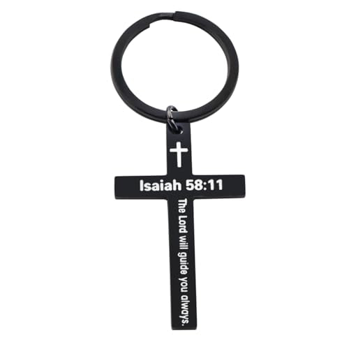 Bible Verse Cross Keychain Strength Bible Verse Stainless Steel Key Ring Christian Gift for Women Men - color: Isaiah 58:11 Black