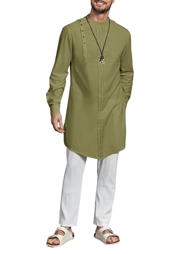 Gafeng Mens Kaftan Thobe Long Sleeve Robe Gown Casual Cotton Linen Button Muslim Shirt - color: Army Green, size: Medium