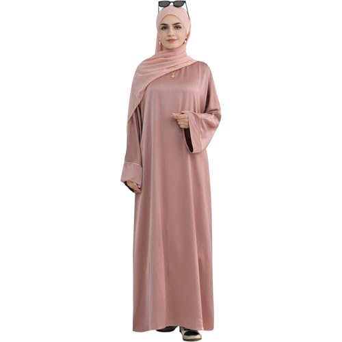 Muslim Praying Dress for Women Silk Glossy Back Zipper Robe Wear Gold Trim Modest Abaya Dress with Hijab - color: Pink, size: X-Large