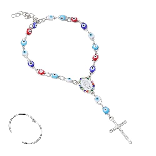 Car Rosary for Rearview Mirror,Silver Evil Eye Rearview Mirror Auto Rosary Beads Car Medal and Cross Hanging Accessories for Mirror Interior Decors for Women Men - size: Silver