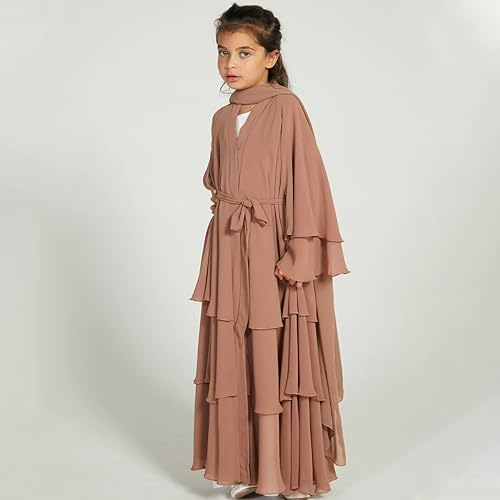 AWIBMK Kids Girls Abayas layered Chiffon Cardigan Dubai Kaftan Prayer Dress Muslim Islamic Robe Ramadan Kimono Outfit - color: Khaki, size: 11-12 Years