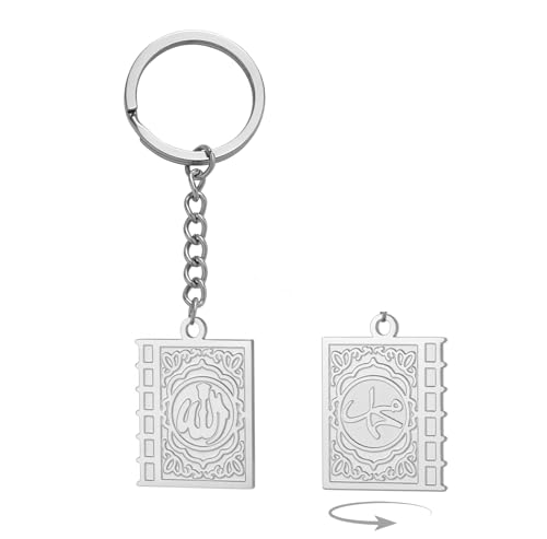 Islamic Keychain Double Sided Quran Book Muhammad Prophet Allah Keyring Arabic Muslim Jewelry Eid Ramadan Gift - color: Silver