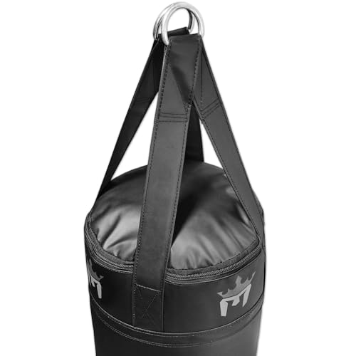 Meister 110lb Filled Muay Thai Heavy Bag for MMA & Kickboxing | Professional 72" x 13" Muay Thai punching bag packed with 100% textiles. Commercial-grade vinyl shell & hanger straps