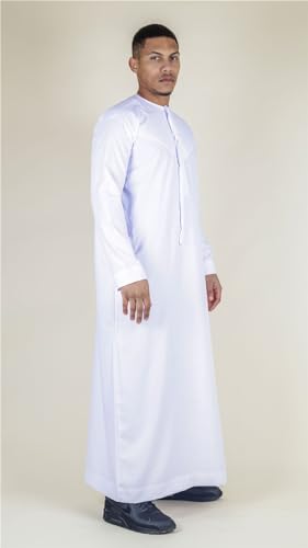 Men's Thobe Emirati Omani Jubba Islamic Clothing Muslim Kaftan Eid Robe Arab String Tassel - color: White Slim, size: 54