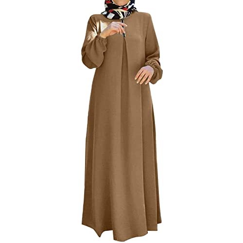Maxi Dress for Women Long Sleeve Abayas Muslim Prayer Clothes Zipper Long Robe Kaftan Dresses Dubai Loose Dress - color: 2-brown, size: Small
