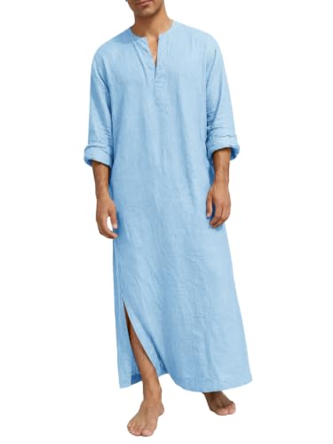 Runcati Mens Kaftan Robe Linen Long Sleeve Thobe Kurta Muslim Gown Shirt - color: Blue, size: XX-Large