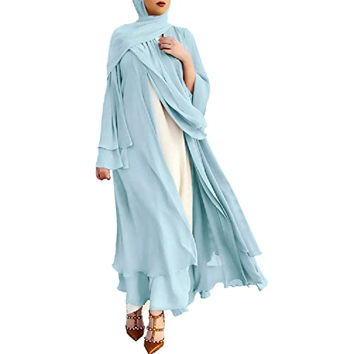 IWEMEK Women Chiffon Muslim Dress Middle East Arabian Robe Islamic Open Front Abaya Long Sleeve Flowy Maxi Cardigan Dress - color: Light Blue, size: Small