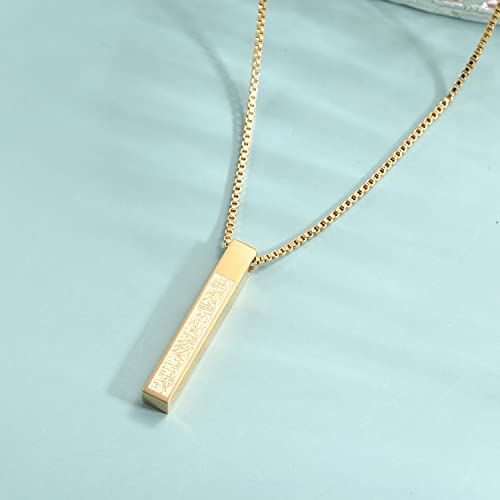 Qitian Islamic Jewelry Gifts for Women Muslim Pendant Gold Allah Arabic 3D Bar Necklaces Ayatul Kursi Necklace Islam Eid Ramadan Gifts for Women Men - color: E-Gold-Muslim Necklace for Men