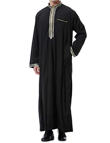 Islamic Mens Clothing Kaftan Maxi-Muslim Male Shirt Long Sleeve Abaya Dubai Cotton… - color: Black-b, size: XX-Large