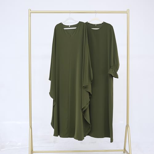 2PCS Women's Muslim Abaya Dress Lace Cuffs Islamic Dubai Prayer Robe Smooth Flowy Muslim Women Clothes - color: Army Green, size: X-Large