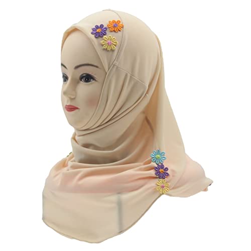Girls Instant Hijab – Soft Kids Muslim Scarf with Flower, Breathable One-Piece Headscarf for Toddlers Age 2-8 - color: Cream