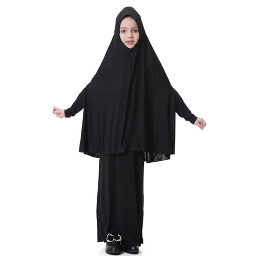 Girls Prayer Dress Muslim Abaya with Hijab 2pcs for Teen Girl Long Sleeve Islamic Maxi Set Arabic Ramadan Jilbab Eid Clothing - color: B-black, size: 13-14 Years