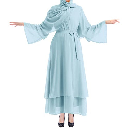 IWEMEK Women Chiffon Muslim Dress Middle East Arabian Robe Islamic Open Front Abaya Long Sleeve Flowy Maxi Cardigan Dress - color: Light Blue, size: Small