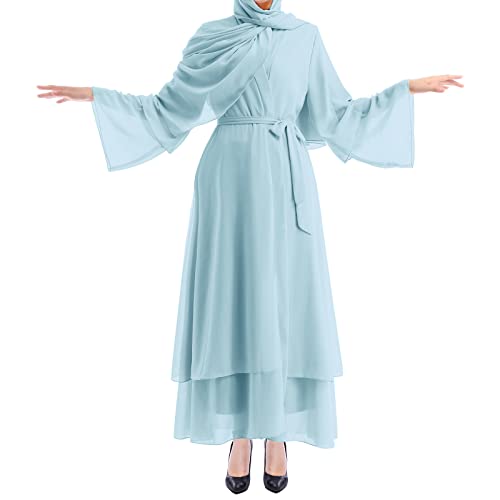 IWEMEK Women Chiffon Muslim Dress Middle East Arabian Robe Islamic Open Front Abaya Long Sleeve Flowy Maxi Cardigan Dress - color: Light Blue, size: Medium