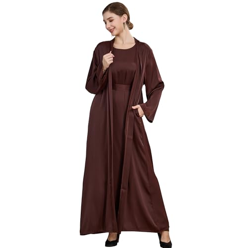 Islamic Abaya Dress for Women Muslim Maxi Abayas 2pcs Silky Fashion Dress Set Daily Kaftan Jilbab Outfit Women Eid Robe - color: Browna, size: Large